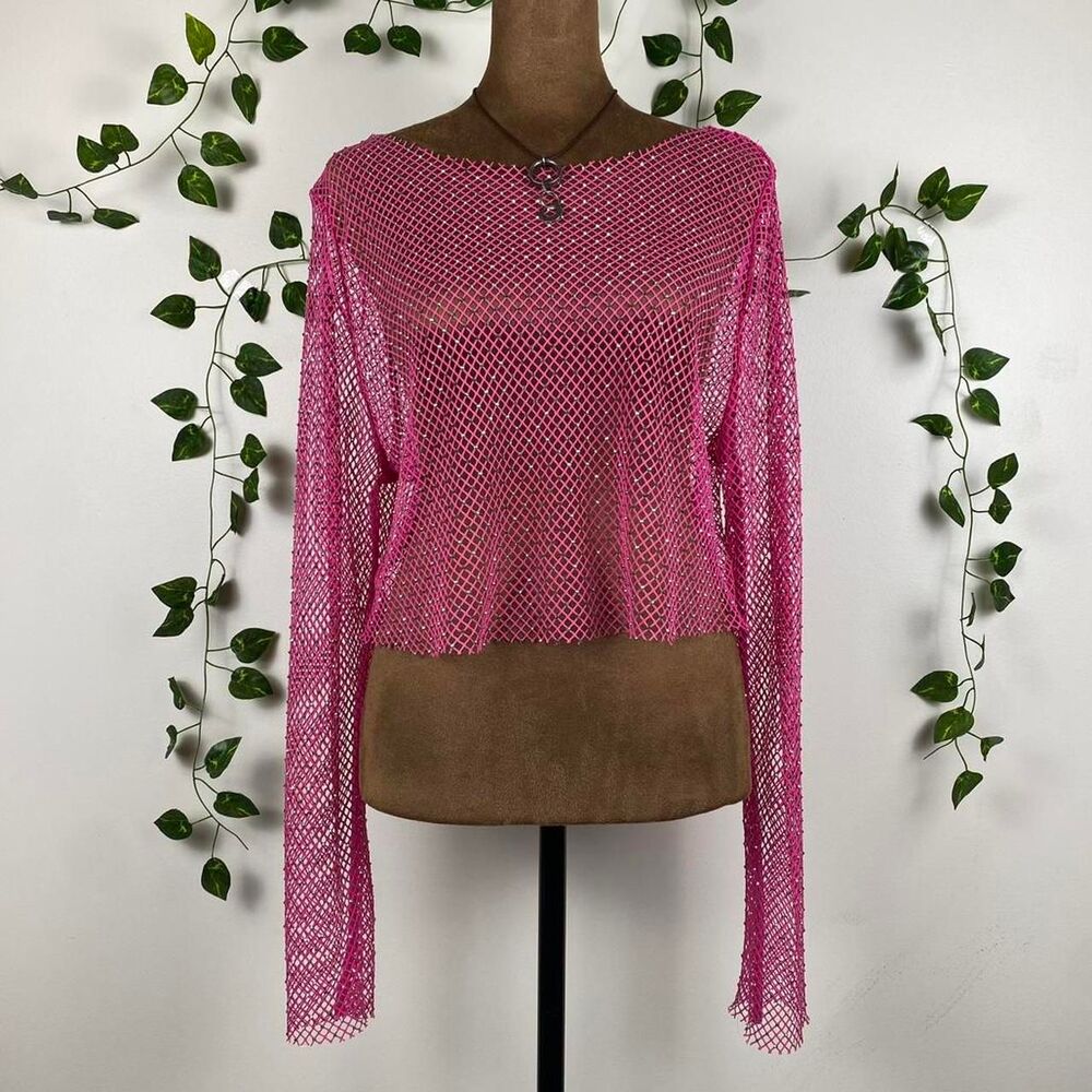 Pink mesh long sleeve rhinestone top diamond mesh sheer festival rave top barbie
